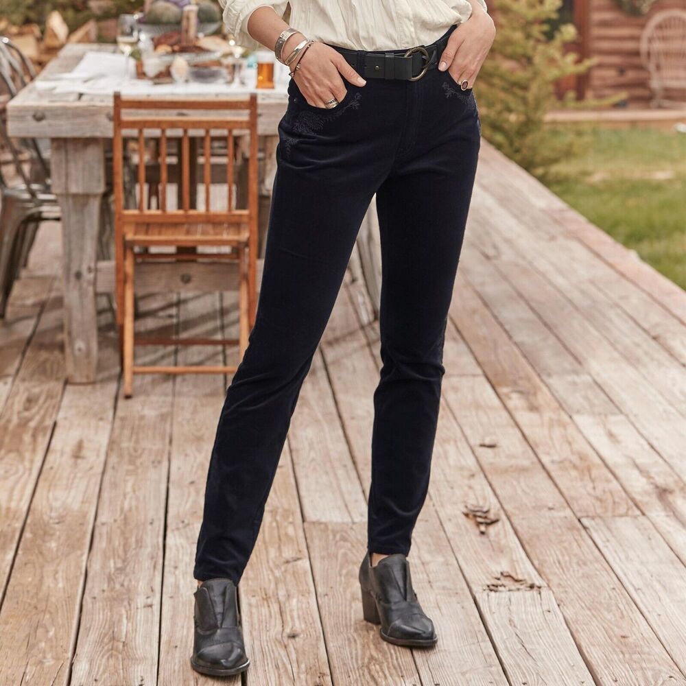Sundance Womens Skinny Velvet Pants Sz 6 Embroidered Boho Hippie Festival Black